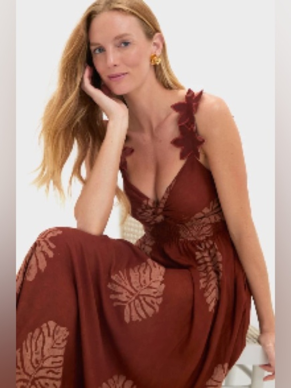 Tuckernuck Elisa Mama 3D appliqué flower detail rust brown maxi dress size small